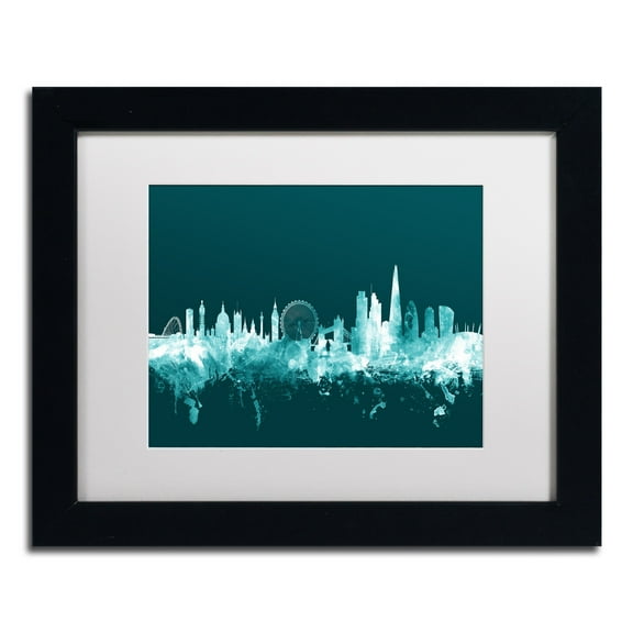 Trademark Fine Art "London England Skyline Teal" Canvas Art by Michael Tompsett, White Matte, Black Frame