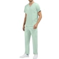 thumbnail image 2 of Men Short Sleeve Scrub Set V Neck Top with Chest Pocket and Straight Leg Pants Two Piece Uniform Suit Mint Green 2XL, 2 of 6