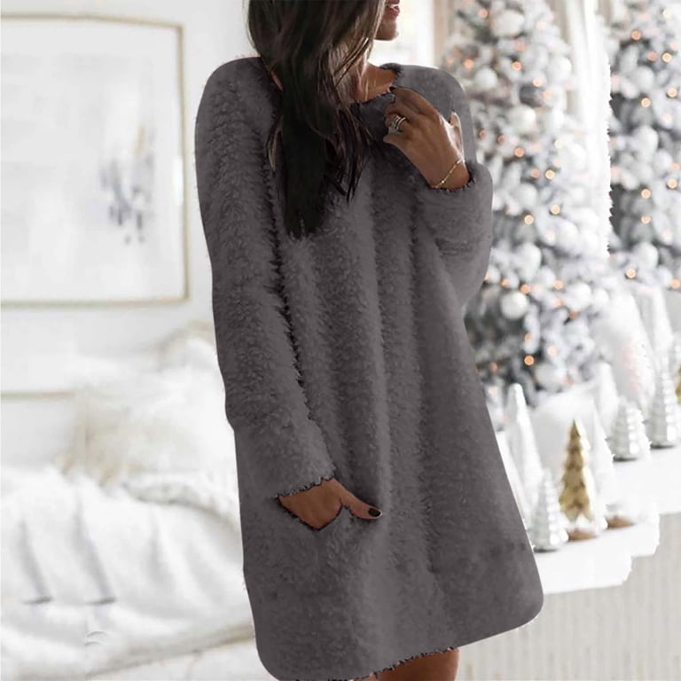 Plain Sweater Dress for Women Soft Warm Fleece Casual Crewneck Pullover  Pocket Long Sleeve Sweatshirt Mini Dresses (Small, Gray 01) - Walmart.com