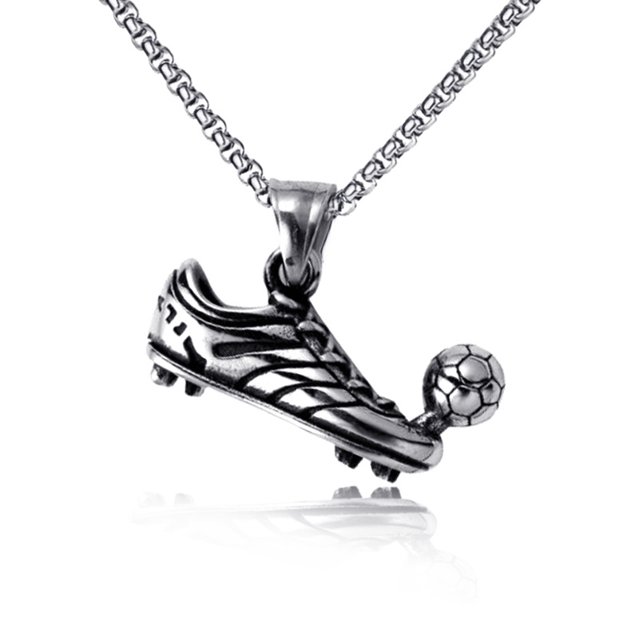 Estilo de hombre Metal Plata Motorista Balón de fútbol Collar de zapato Zapato Fútbol Tiro Deportes Colgante Joyería con caja Cadena Collar con colgante Cadena Regalo para hombres y niños