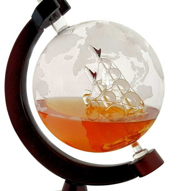 Eravino Glass Globe Whiskey Decanter With Glass Ship On Wooden Stand Walmart Com Walmart Com
