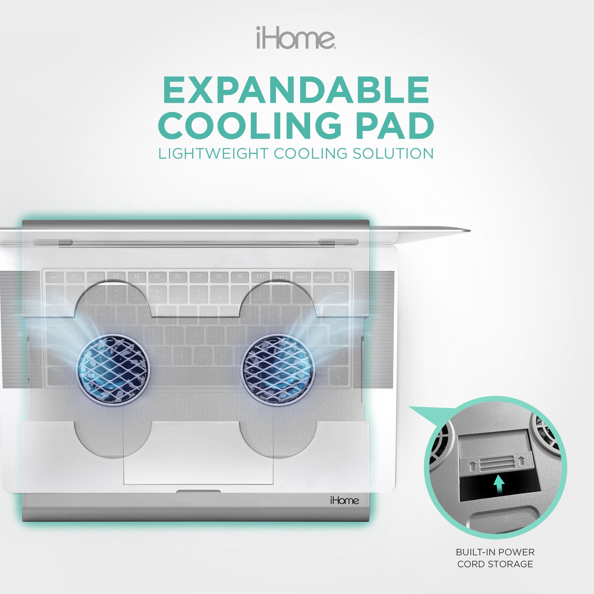 iHome Laptop Cooling Pad with Expandable Base, Dual Fans, Adjustable Height, USB-Powered