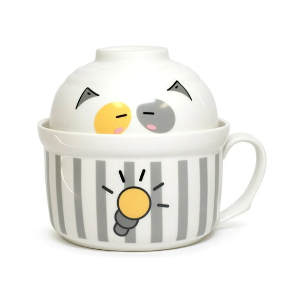Cute Microwavable Ceramic Noodle 2 Bowls Set with Handle And Smiling Bowl Lid