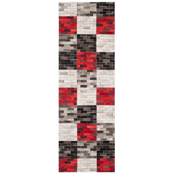 SAFAVIEH Studio Leather Harland Geometric Runner Rug, Grey/Red, 2'3" x 7'