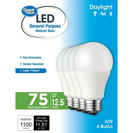 

Great Value LED Light Bulb 12.5W (75W Equivalent) A19 General Purpose Lamp E26 Medium Base Non-dimmable Daylight 4-Pack