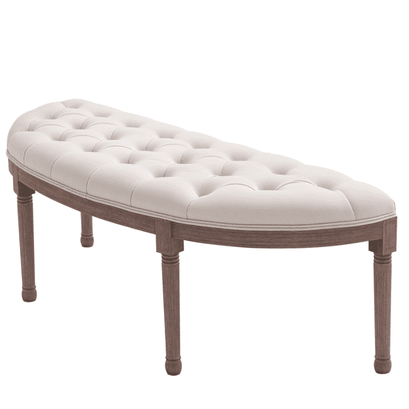 Homiyad Semi-Circle End of Bed Bench with Tufted Design, Upholstered Bedroom Entryway Bench with Rubberwood Legs, Off White