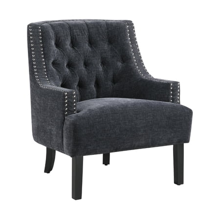 Daisie Accent Armchair- Button Tufted Black Chenille- Solid Wood