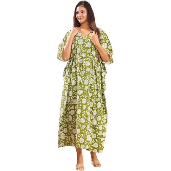 Bagru Handmade Short Kaftan, Cotton Women Dress Long Kaftan, Beach Cover Up, Flower Hand Block Print Sleepwear Maxi Dress Kimono Multicolor