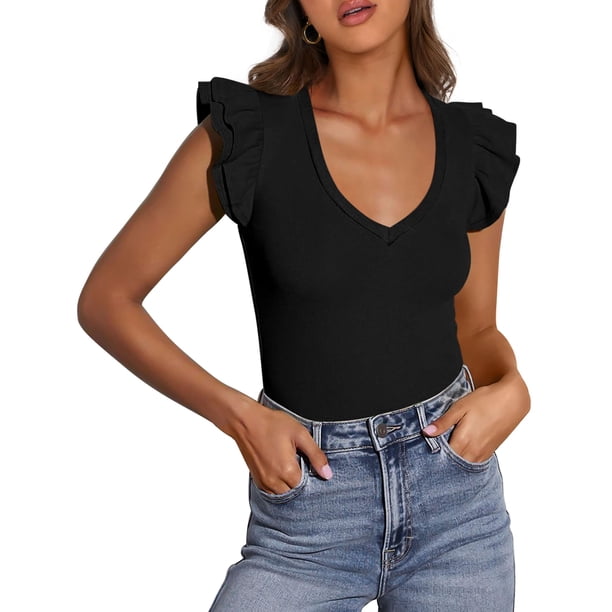 Remera PRETTYGARDEN Mujer Cuello en V Volados Sin Mangas Ajustada XXL