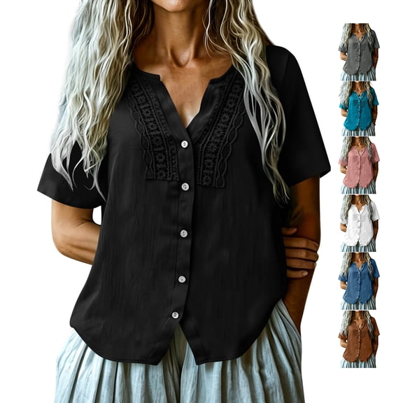 TGSLY Lace Crochet Trim Placket Tops for Women Notched V Neck Short Sleeve Blouses Loose Fit Dressy Casual Full Button Front Solid Color Tshirts XL