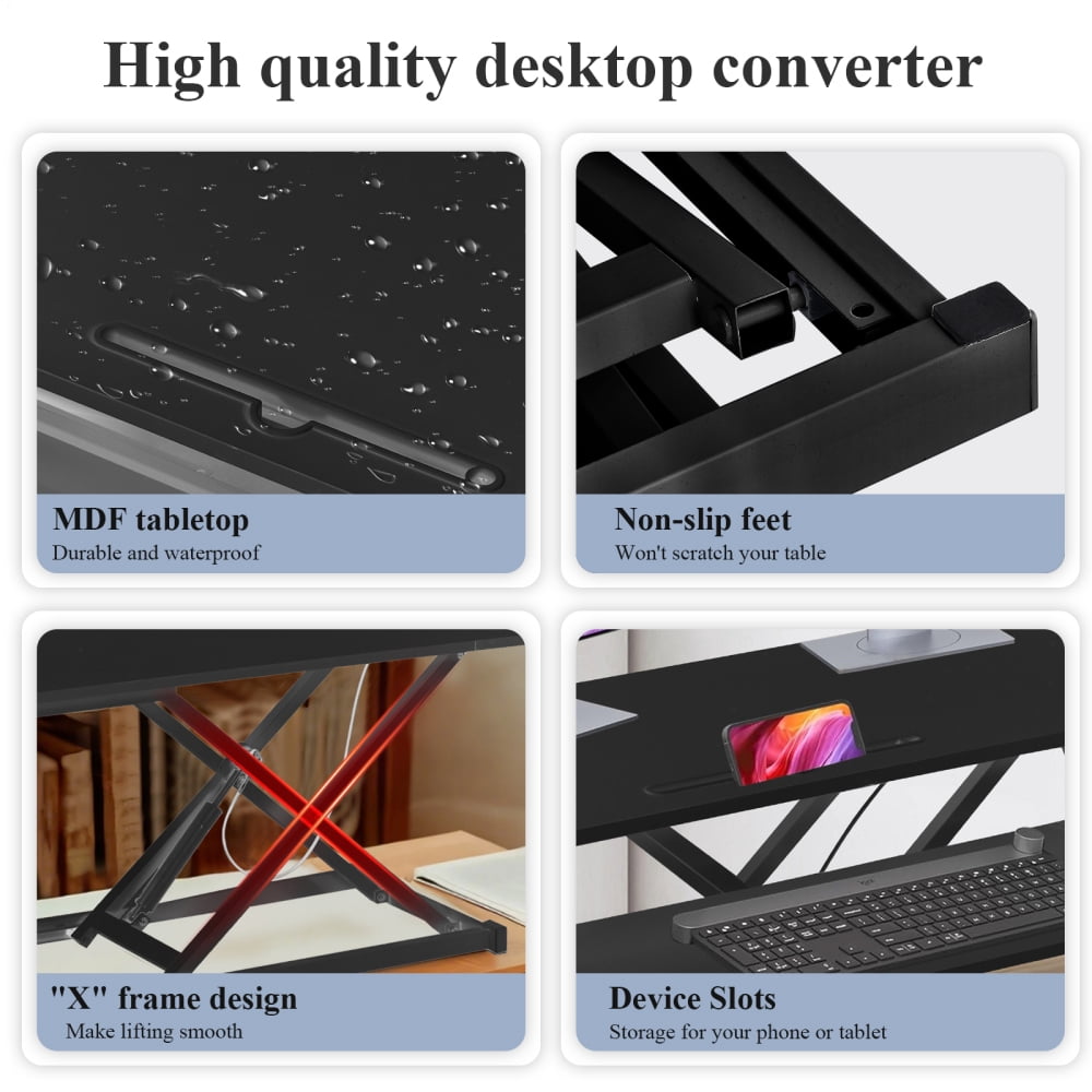 TOHU Standing Desk Converter, Height Adjustable Manual Pneumatic Spring Workstation with Keyboard Tray, for Home, School, Black