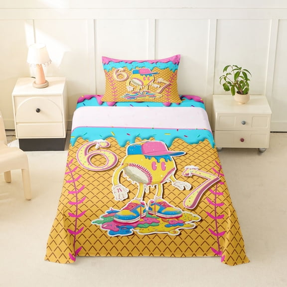 Feelyou Funny Baseball 67 Twin Sheets for Kids, Ice Cream Waffle Drip Bedding, 3pcs, 1 Flat Sheet, 1 Fitted Sheet and 1 Pillowcase