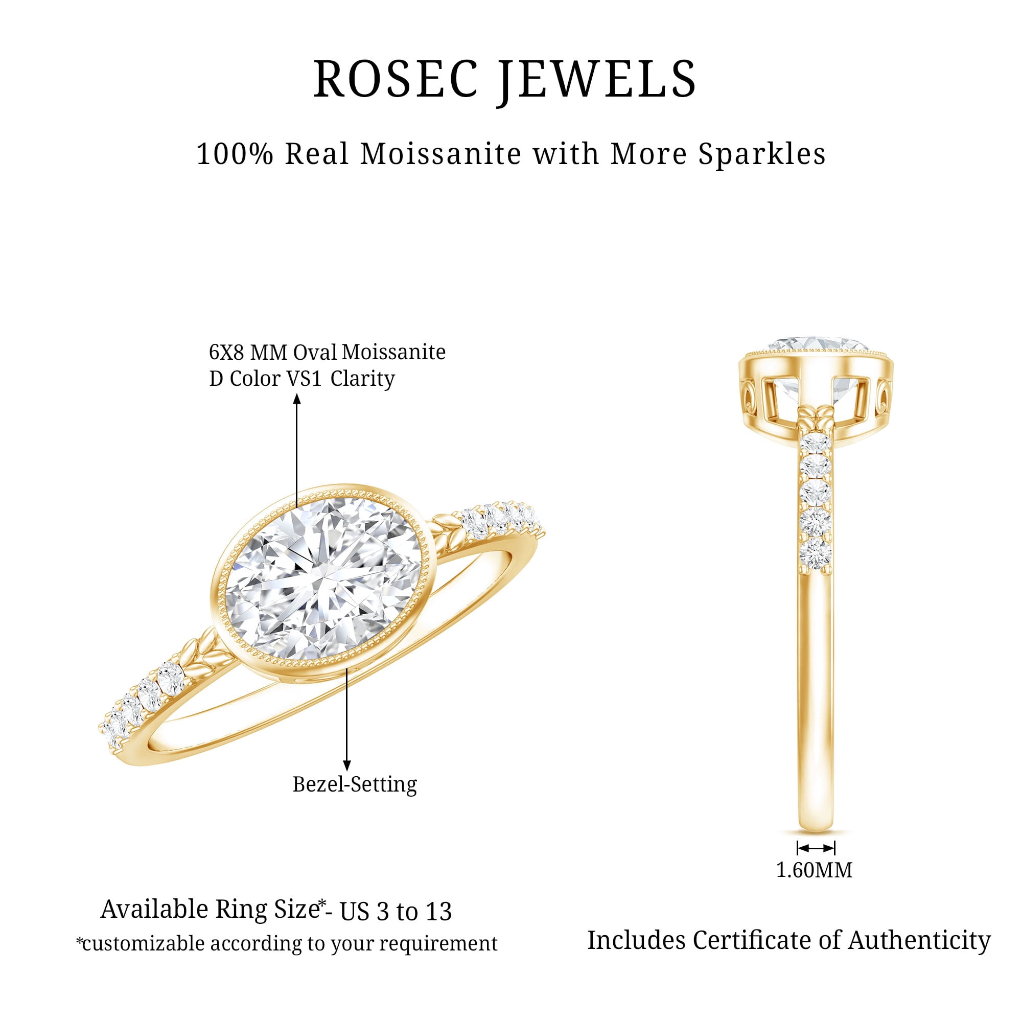 Rosec Jewels Moissanite Oval Engagement Ring 1 Carat - East West Ring for Women - 6X8 mm - D-VS1 Quality Certified, 10K Yellow Gold, US 5.00