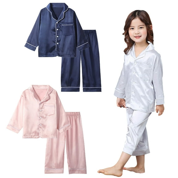 YTDSCS Kids Girls Boys 2PCS Pajama Set for Baby Summer Solid Colours Satin Silky Long Sleeve & Pants Sleepwear Outfit 1-10T