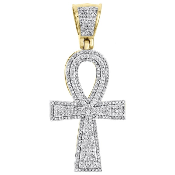 10K Yellow Gold Real Diamond Egyptian Ankh Cross Pendant 2.05" Pave Charm 1 CT.