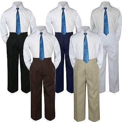 

3pc Boy Suit Set Blue Teal Necktie Baby Toddler Kid Formal Shirt Pants S-7