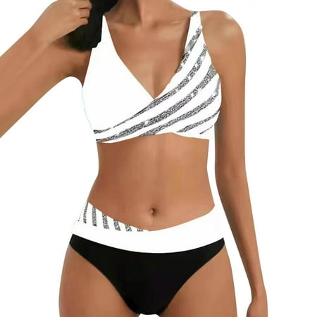 Aayomet Womens High Waisted Bikini Sets Sporty Crop Top Color Block Swimwear Bandeau Scoop Neck Vintage Two Piece Bathing Suits White XL