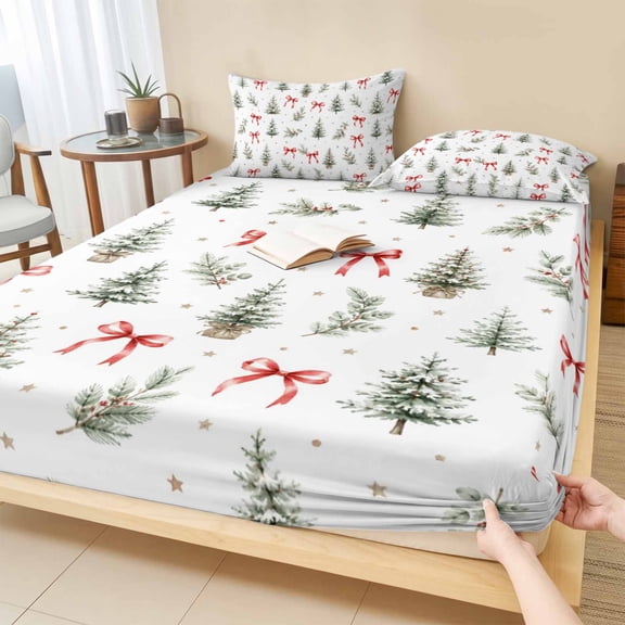 Queen Size Fitted Sheet Set - Christmas 3 Piece Bedding Sets 16" Deep Pocket Fitted Sheet with 2 Pillowcases, Winter Xmas Trees Bow Holly Leaf Textured Brushed Microfiber Hotel Luxury Bed Sheets