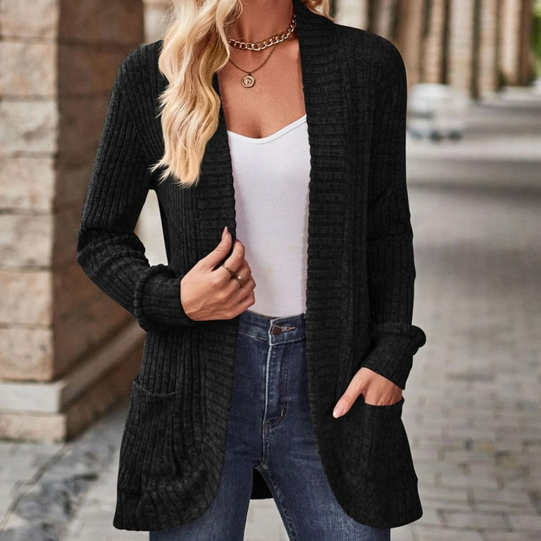 JGGSPWM Womens Classic Pocket Cardigans Long Sleeve Solid Ribbed