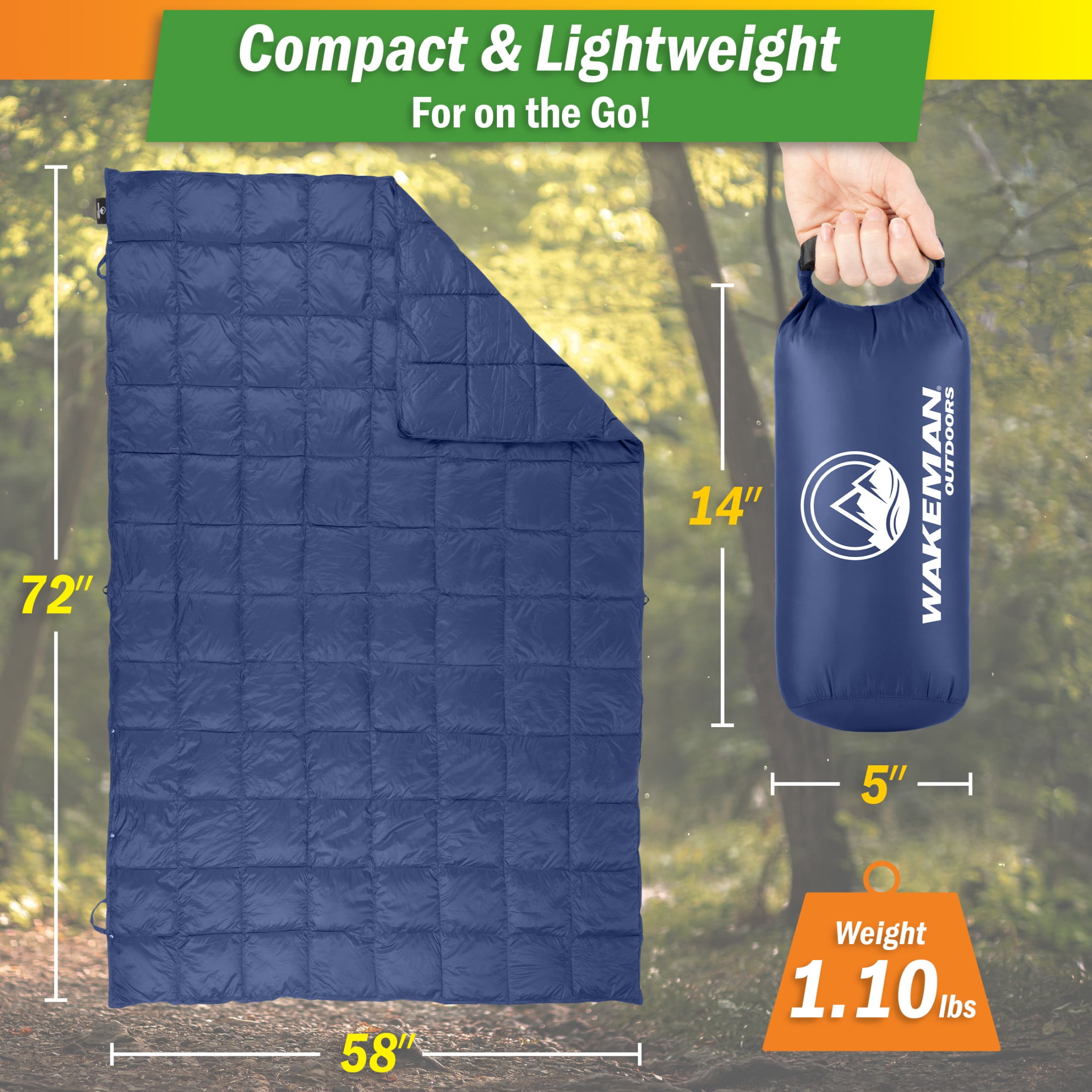 Wakeman Outdoors 78x52” Down Camping Blanket Packable Ultralight Travel Blanket with Bag, Blue