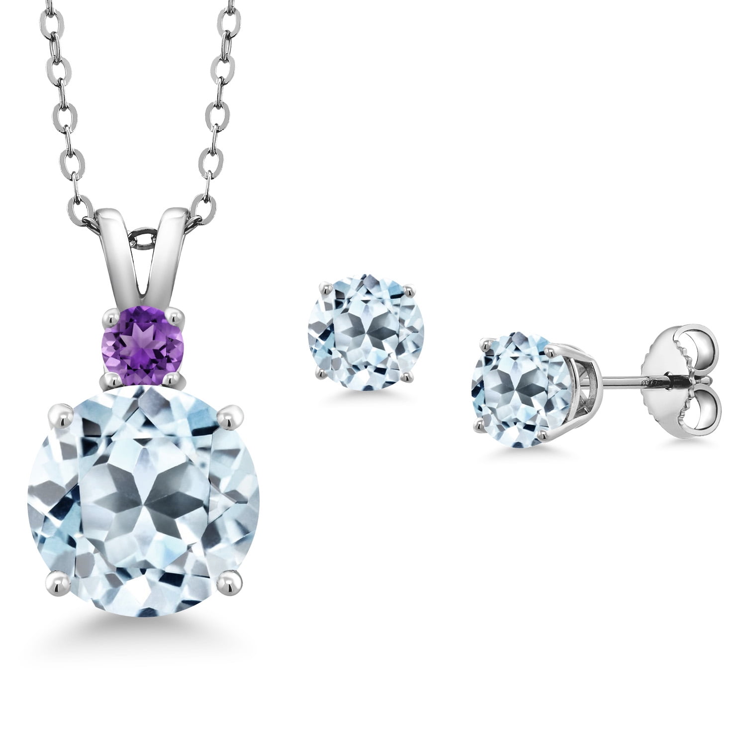 Gem Stone King 925 Sterling Silver Round Sky Blue Topaz and Purple Amethyst Pendant and Earrings Jewelry Set for Women (6.33 Cttw Gemstone Birthstone with 18 inch Chain)