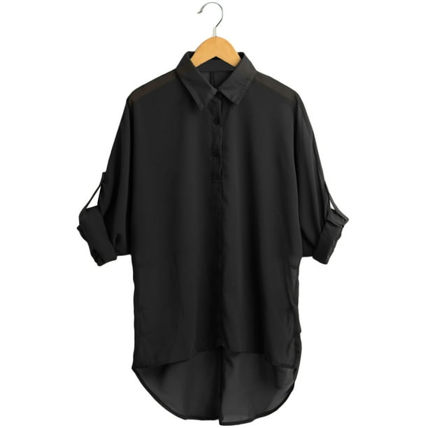 Camisa de la primavera de las mujeres de la blusa de la gasa de la manga larga Da vuelta-abajo al co Abanopi Negro S