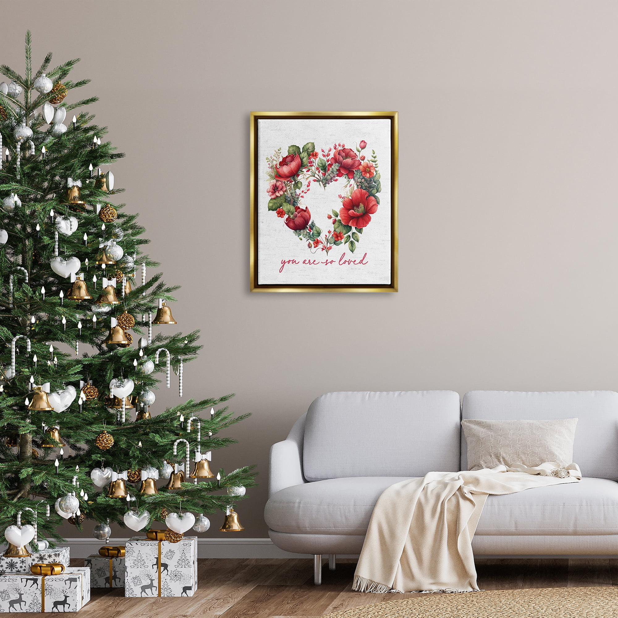 Stupell Industries Valentine's Heart Shaped Wreath Botanical & Floral Painting Gold Floater Framed Canvas Art Print Wall Art, 25 x 31
