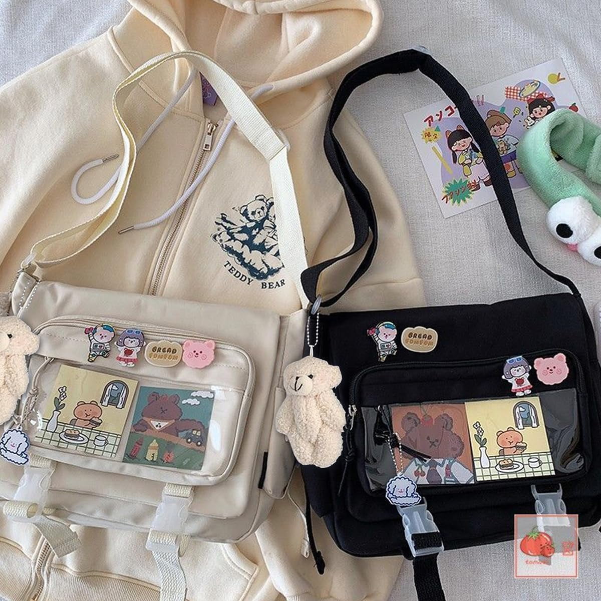 Kwuty Kawaii Crossbody Ita Bag for Women with Pin & Plush Bear - Japanese Messenger Bags Y2K Shoulder Purse（Blue）