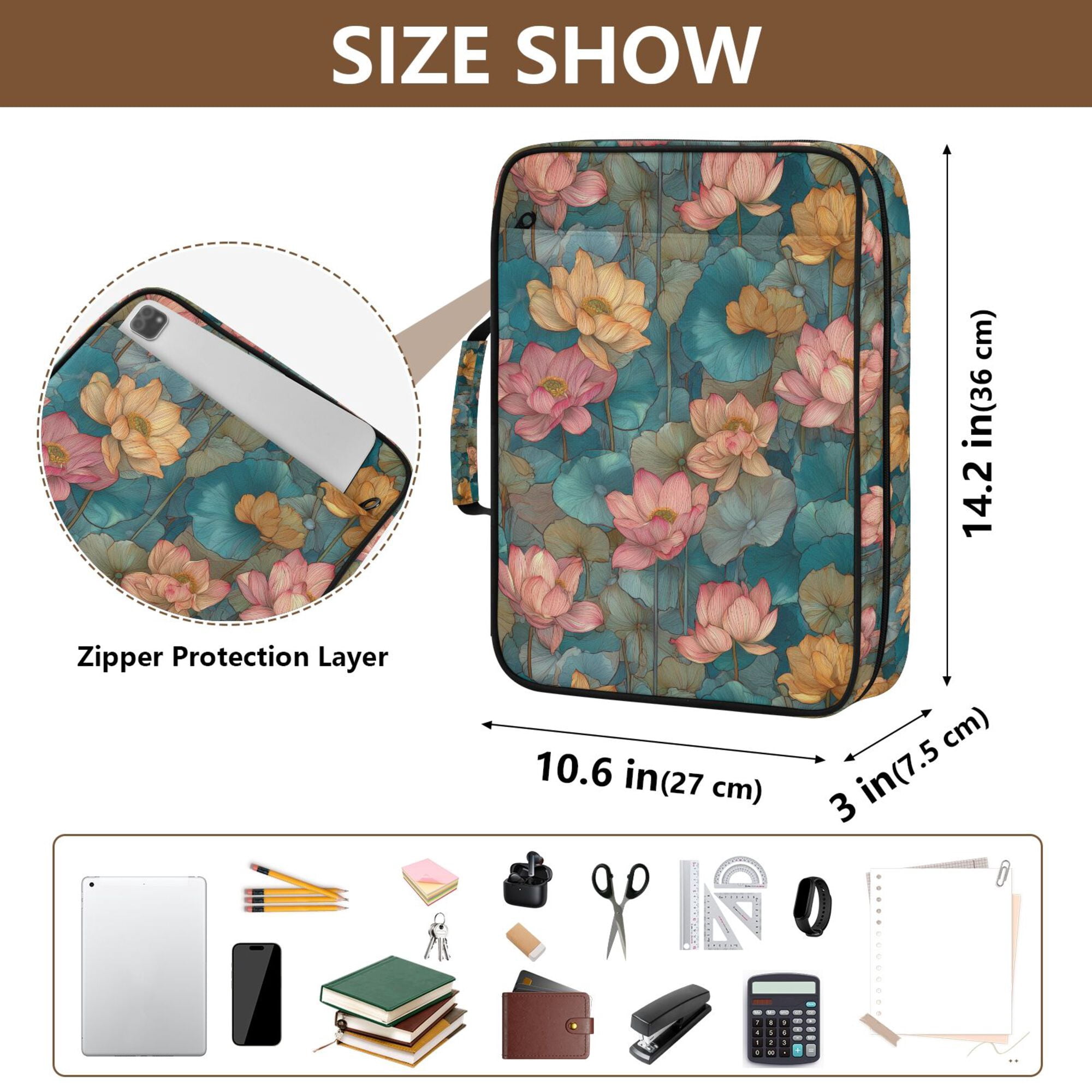 FORMRS Accordion File Folder A4 Size 7-Pocket Expanding Document Organizer Bag with 3 Ring Binder, Pink Water Lilies Pattern