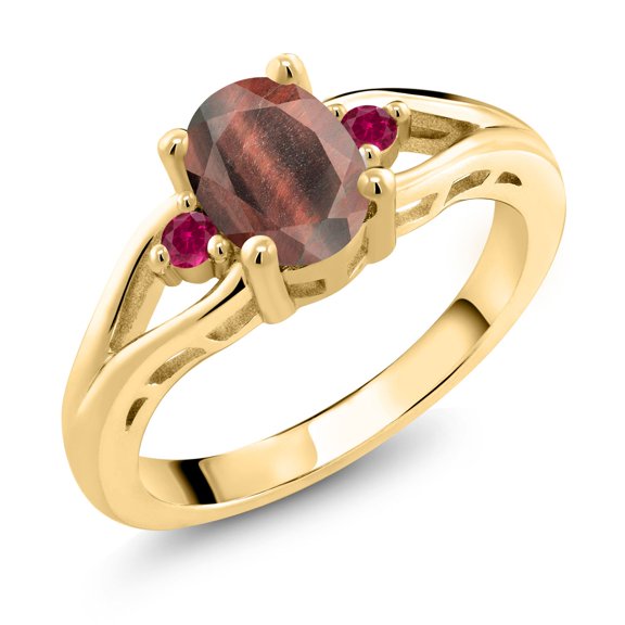 Gem Stone King 18K Yellow Gold Plated Silver Red Tiger Eye and Red Created Ruby 3 Stone Engagement Ring for Women | 1.35 Cttw | Oval 8X6MM | Round 2MM | Gemstone Birthstone | Size 8