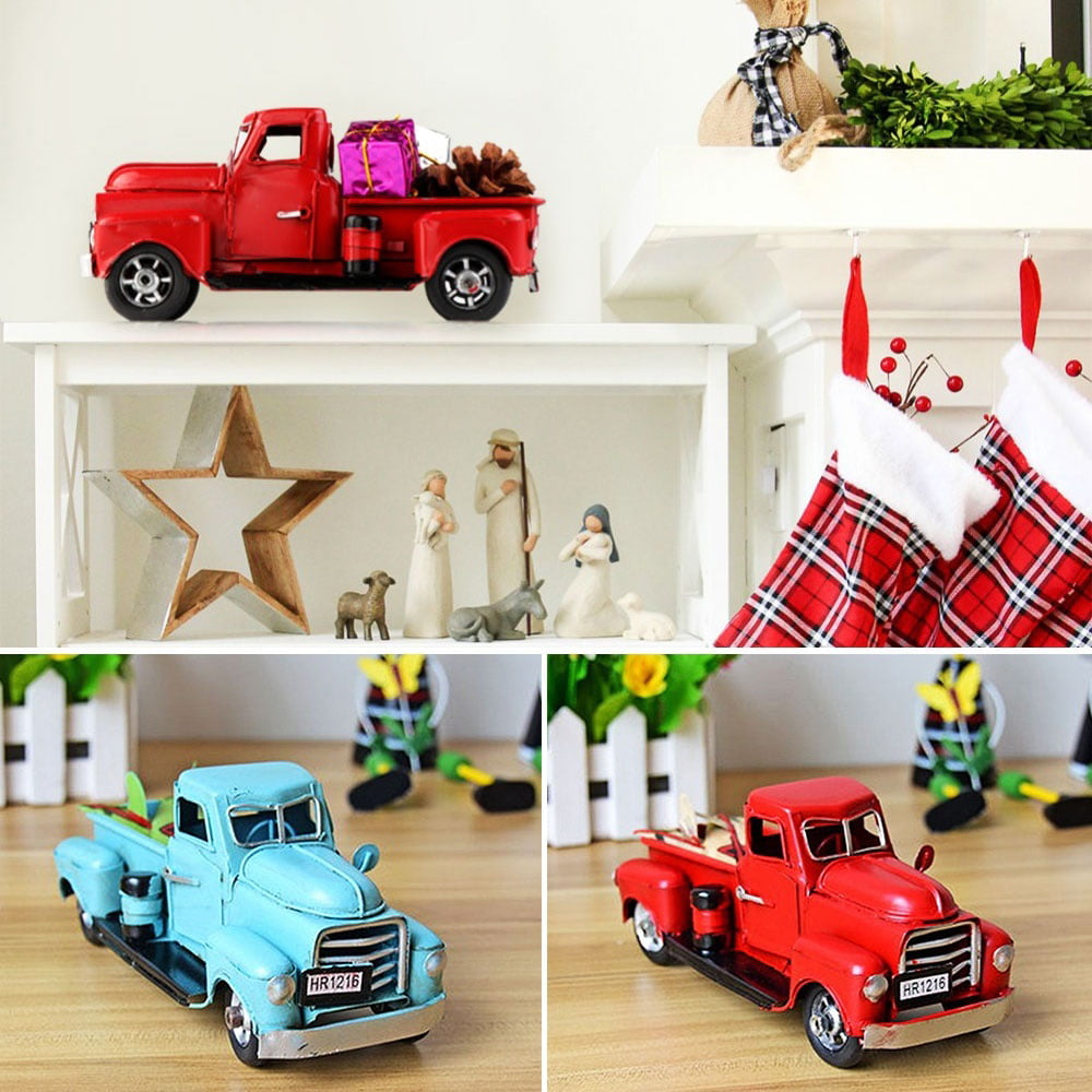 VINTAGE RED METAL TRUCK WITH MOVABLE WHEEL KIDS Gift Christmas Car Table Decor 
