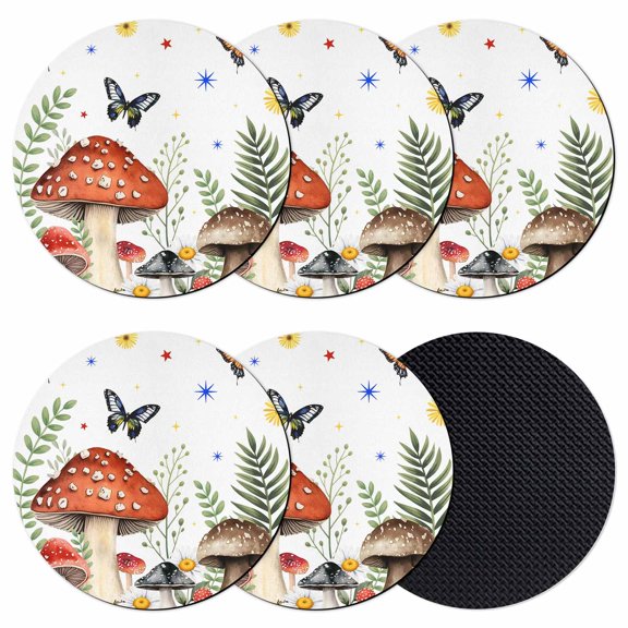 Spring Mushrooms Coasters Set of 6, Absorbent Coasters for Drinks, Farmhouse Pastoral Botanical Watercolor Coaster for Desk Coffee Table Protection, Home Decor House Warming Gifts 4"
