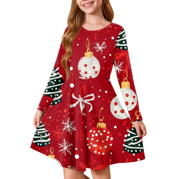 LTTVQM Christmas Dresses for Little Girls Size 7-8 Christmas Graphic Cute Long Sleeve Xmas Dresses Loose Fit Crewneck Midi Dresses Trendy Outfit Deep Red 7-8 Years