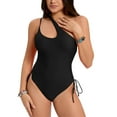 thumbnail image 2 of Bigersell One Shoulder One-Piece Swimsuits Women High Cut Bathing Suits Modest Cutout Side Lace-up Ruched 1 Piece Swimsuit Surfing Monokini Swimwear Black XXL, 2 of 5