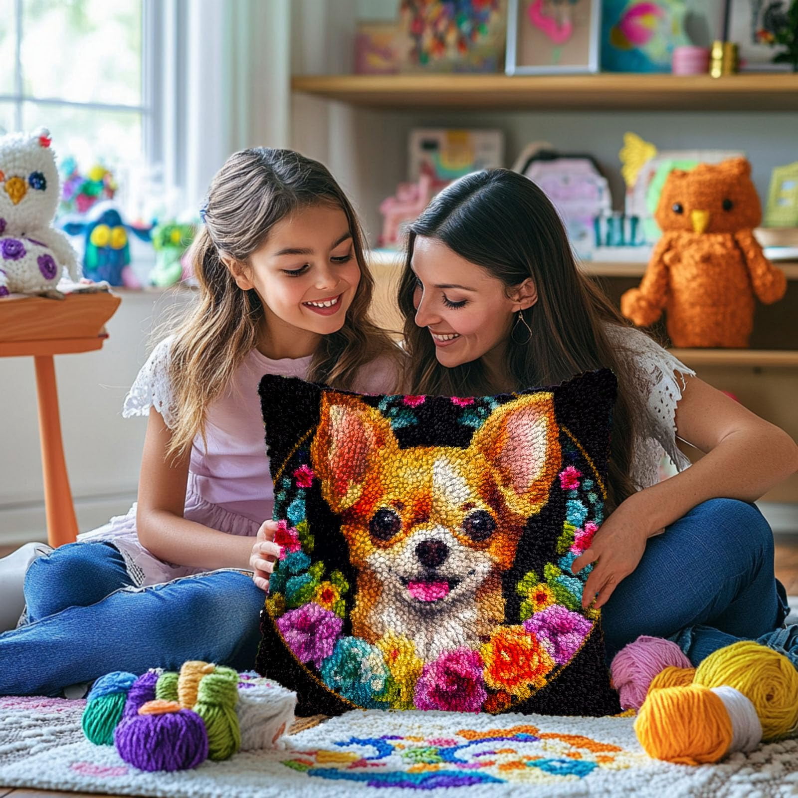 Cute Cartoon Chihuahua Dog in Flower Circle DIY Latch Hook Pillow Kits for Adults Printed Pillowcase Crochet Yarns Hooking Handmade Pillow Cover Cushion for Home Sofa Decoration 17x17inch
