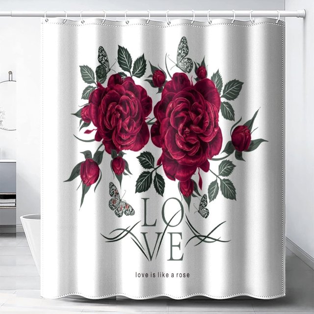 Rideau de Douche Romantique à Roses Rouges - Ensemble de Rideau de Douche Imperméable 72x72 Pouces à Thème de Fleurs pour Salle de Bain de Fille Amour