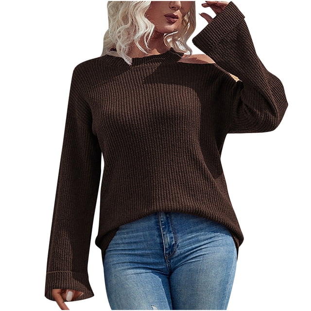 IROINID Women's One-Shoulder Pullover Sweater Solid Color Leisure Mid-Length Long Sleeve Sweater