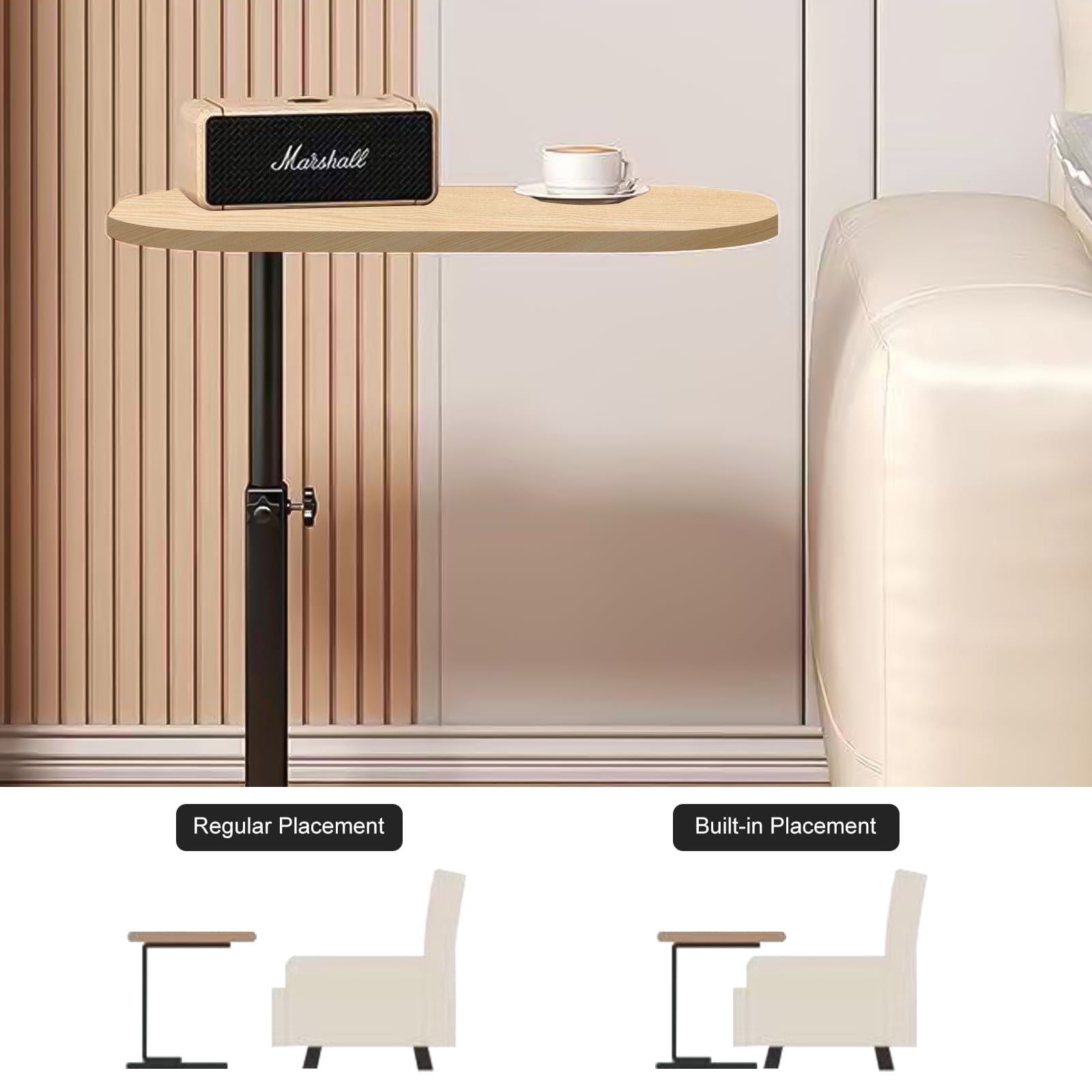 VEGCOO  Adjustable TV Tray Table Side Table Tray, C Table End Table, Bamboo Table, 360°Swive Adjustable Height Tray Table for Bed or Sofa, Living Room, Bedroom  with Phone and Tablet Slots