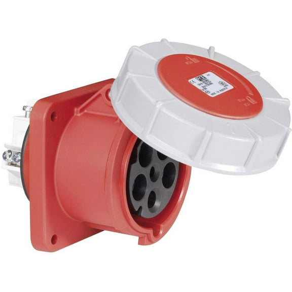 PCE - 63A, 400V, Panel Mount CEE Socket, 3P N E, Red, IP67