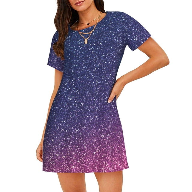 Disketp Violet Glitter para Camisón Corto de Manga Corta para Mujeres, Camisón Cómodo con Escote Redondo, Bonito y Confortable