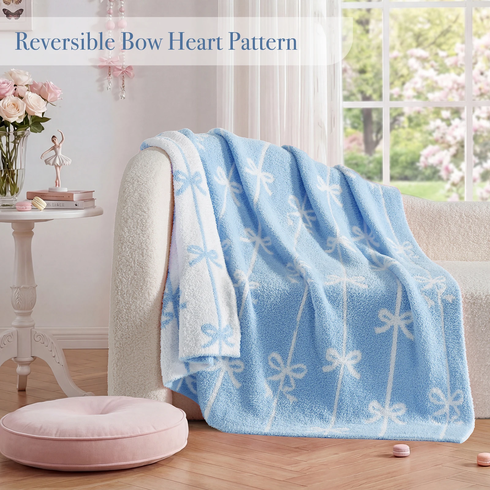 Catami Diamond Pattern Reversible Throw Blanket,Blue Bow,50*60