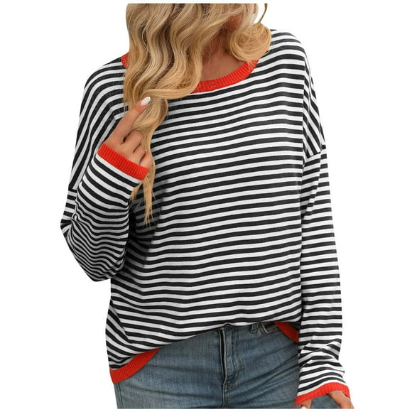 Dagegui Striped Sweater for Women Casual Crewneck Long Sleeve Preppy Sport Pullover Tops Fall Fashion Knit Sweaters Black,S
