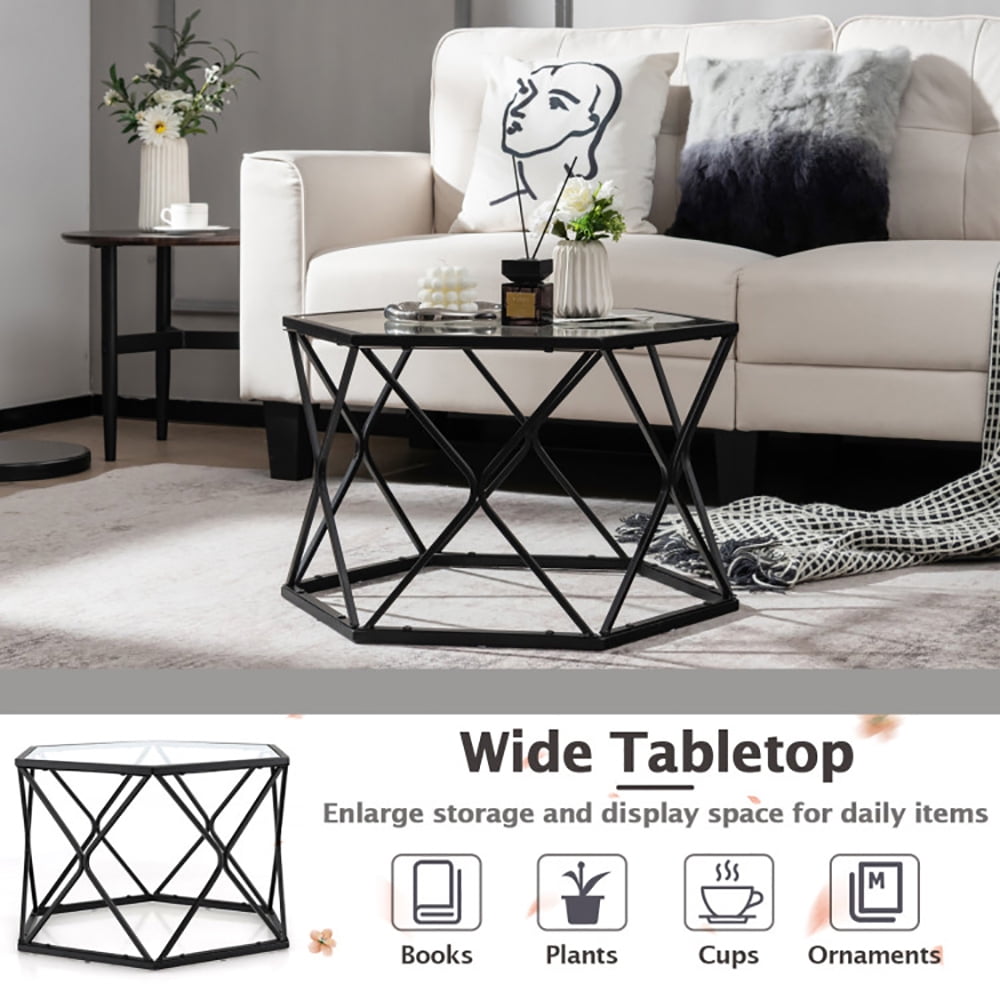 Finihen Coffee Table, Glass Coffee Table, Modern Accent Geometric Glass Coffee Table, for Living Room, Reception Room, Black Finihen Coffee Table, Glass Coffee Table, Modern Accent Geometric Glass Coffee Table, for Living Room, Reception Room, Black