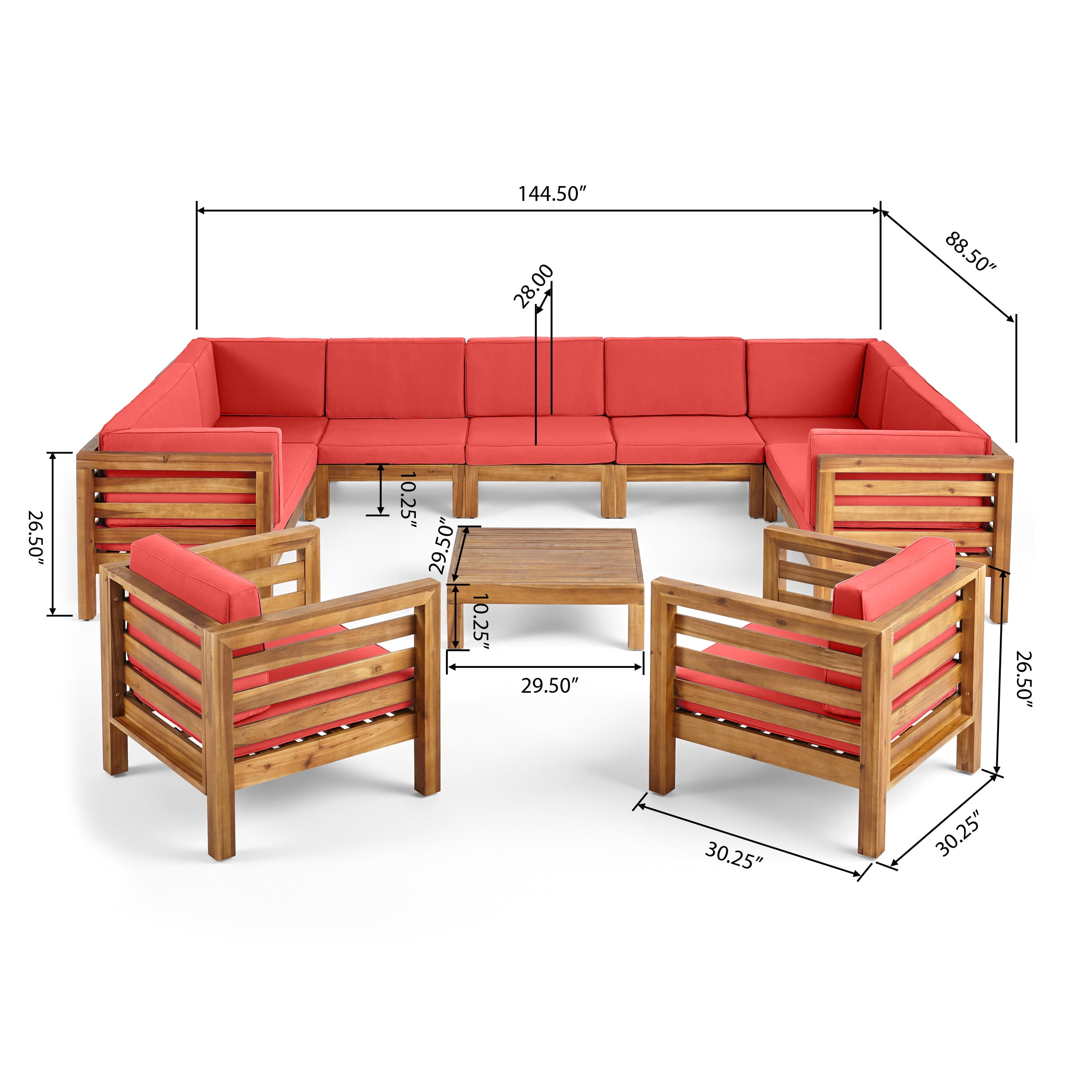 Graham Outdoor 11 Seater Acacia Wood Sectional Sofa and Club Chair Set, Teak Finish, Red