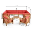 thumbnail image 4 of GDF Studio Cascada Outdoor Acacia Wood 11 Seater Sectional Sofa and Club Chair Chat Set with Cushions, Teak and Red, 4 of 14