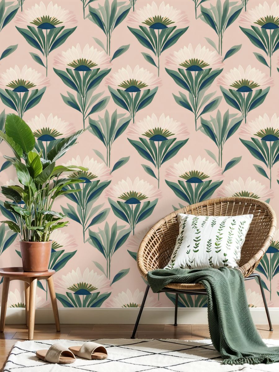 Vintage Peel and Stick Wallpaper Floral White Daisies Green Leaves Soft Pink Wall Mural 17.7in x 9.8ft Self Adhesive Removable Wall Paper Renter Friendly Wallpaper for Nursery Bedroom Cabinets
