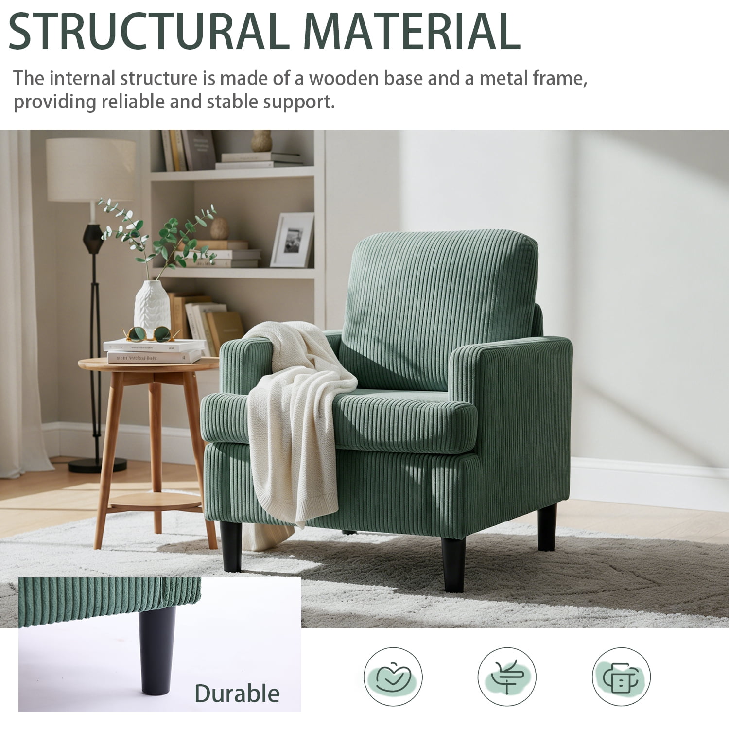 Modern Accent Chair Cozy Living Room Chairs Mid Century Modern Accent Chairs Reading Chair with Armrests for Living Room, Bedroom and Study（Green）