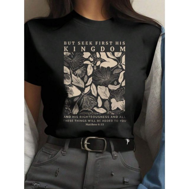 Women'S Inspirational Quote T-Shirt, Cotton 100% Knit Fabric, Short Sleeve Crew Neck Casual Top, Regular Length, All Seasons, Alphabet Pattern, Matthew 6:33 Graphic Print Tee