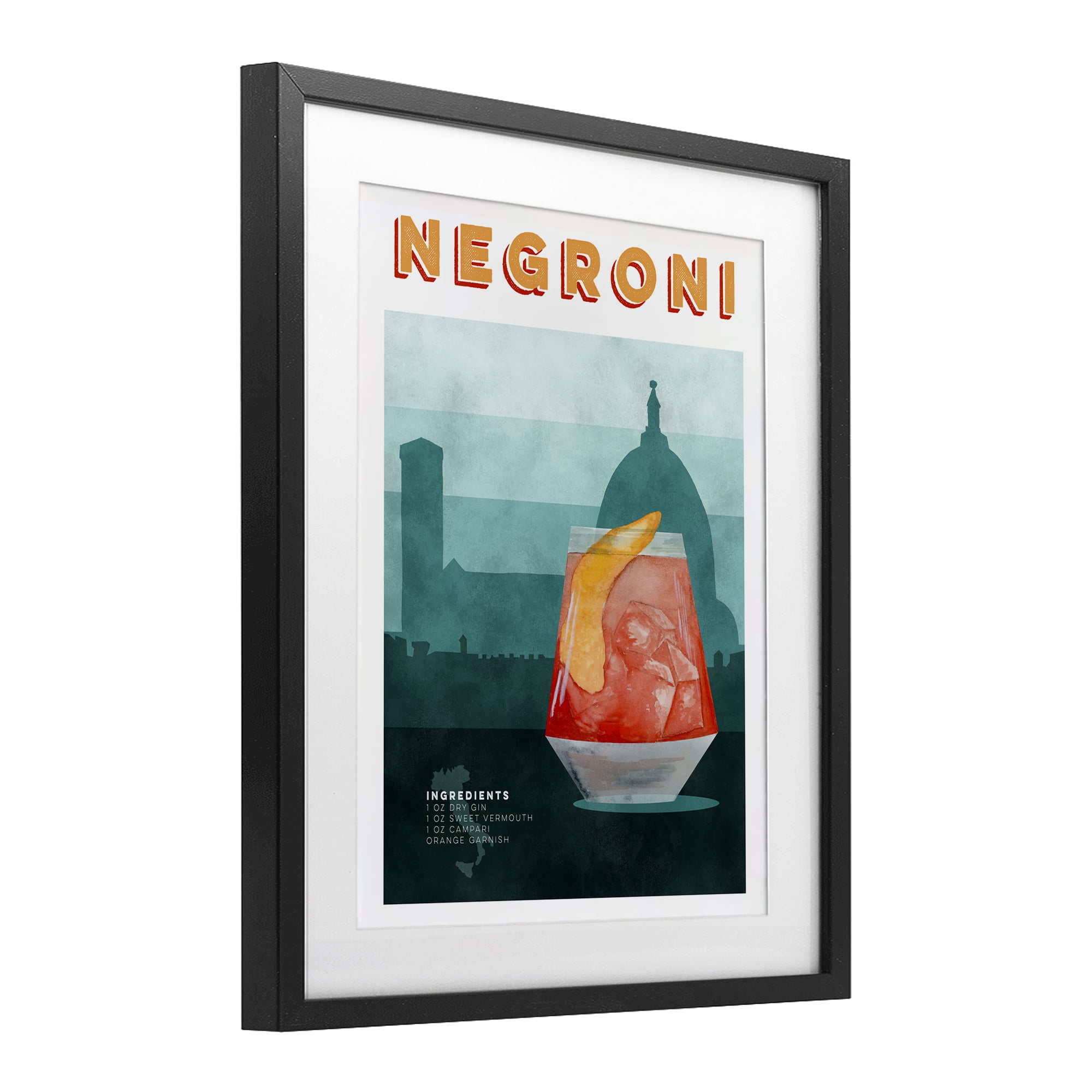 Retro Negroni & Architecture Black Framed Print Under Glass, design by Brett Blumenthal