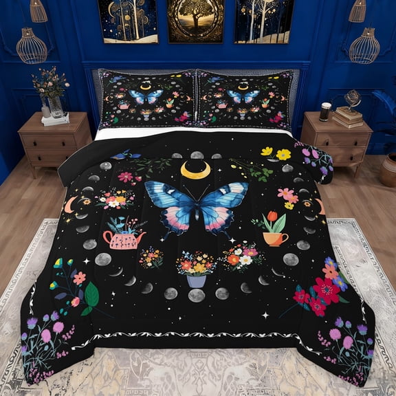 Castle Fairy Blue Pink Butterfly Bedding Comforter Set 2pcs for Boys Girls,Bohemian Theme Twin Comforter Sets Microfiber,Chic Floral Flowers Breathable Bedding Set,Luxury Bedroom Decor,Reversible